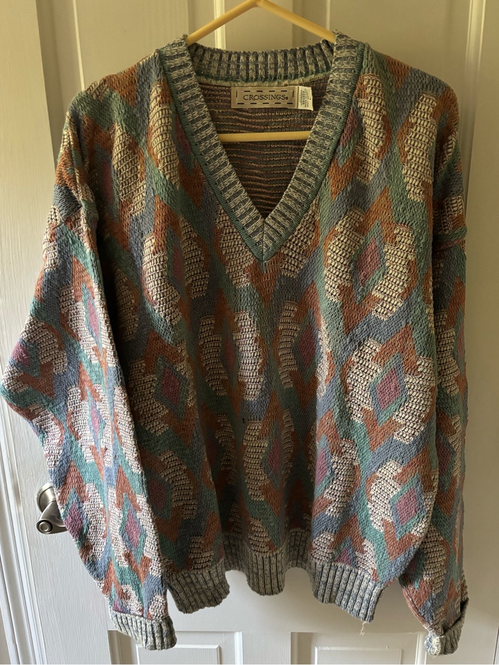 Crossings Men's Multicolor Geometric V-Neck Sweater - Blue, Tan & Pink Accents